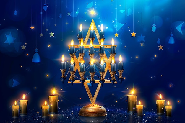 Photo hanukkah happiness menorah and candlelit greetings on a white background