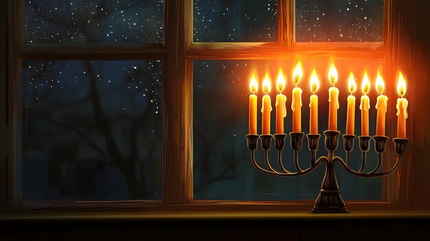 Hanukkah Menorah candles in window sill banner illustration