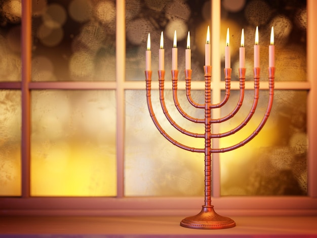 Hanukkah menorah with burning candles on defocused window glitter background 3D illustration