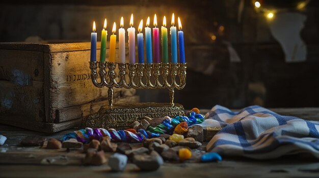 Photo hanukkah a menorah with the candles lit up in front of a menorah