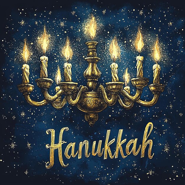 Photo hanukkah menorah with eight lit candles in a starry night sky