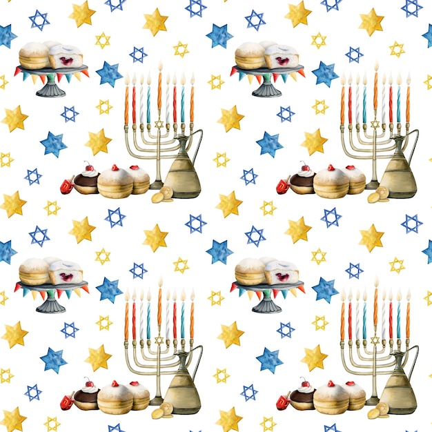 Photo hanukkah seamless pattern jewish holiday symbols menorah candles jug donuts dreidel coins jar of oil