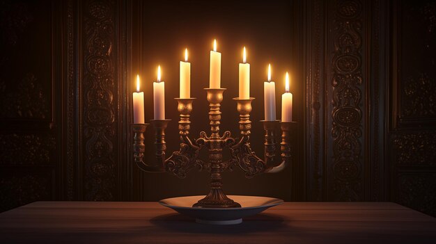 Photo a hanukkah setup with a menorah glowing with lit candles at twilight