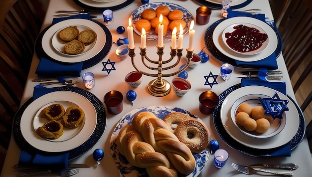 Photo hanukkah table setting with candles a menorah cookies bread and blue plates