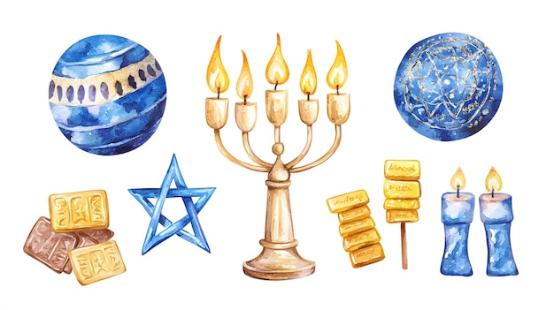 Hanukkah watercolor set with festive Jewish designs for holidays