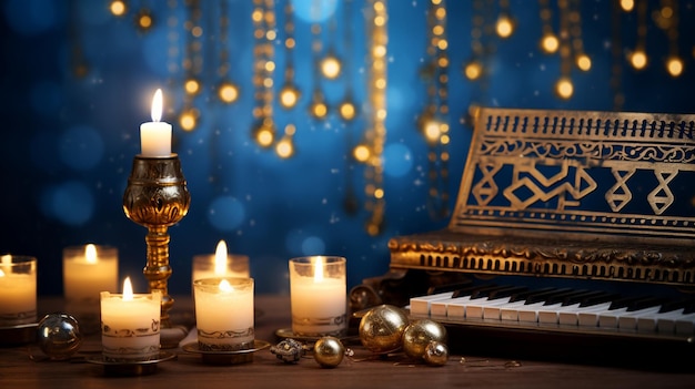 Hanukkahthemed playlist and musical instruments near a Menorah emphasizing the role of music in ce