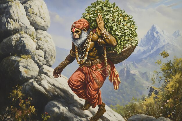 Photo hanuman carrying the sanjeevani booti a hindu epic illustration