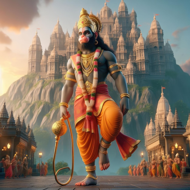 hanuman jayanti full body view with 3d style hanuman in the castle view 3d model and realistic