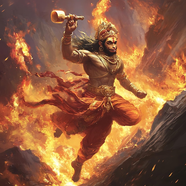 Hanuman the Monkey God Leaps Through Flames with His Weapon