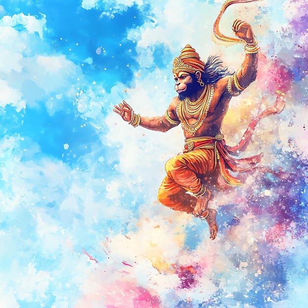 Photo hanuman the monkey god soaring through the sky in a watercolor illustration