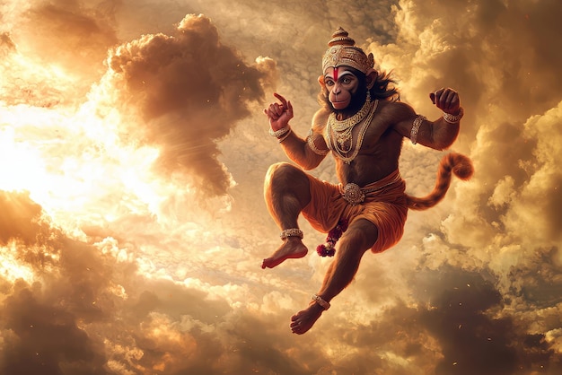 Photo hanuman the monkey god soars through golden clouds embodying power and divinity