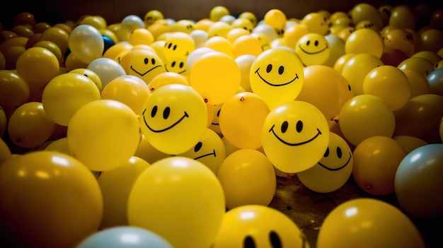 Happiness concept a group of yellow imoji balloons are smiling AI generated