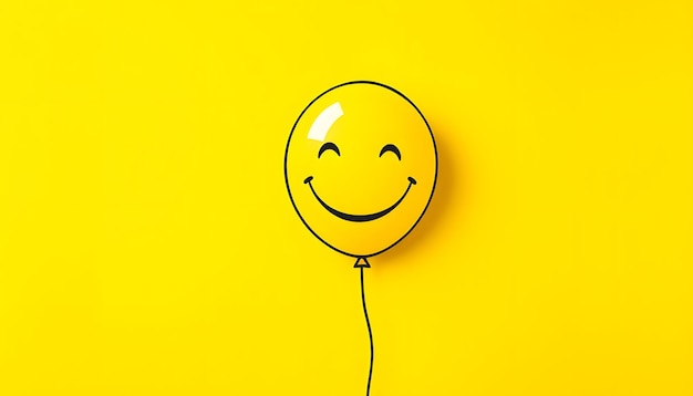 Photo happiness emotion yellow balloon with smile on yellow background top view space for text isolated