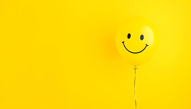 Happiness emotion Yellow balloon with smile on yellow background top view space for text isolated