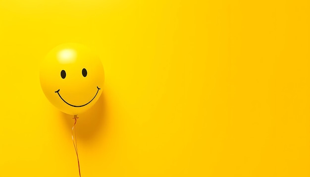 Photo happiness emotion yellow balloon with smile on yellow background top view space for text isolated