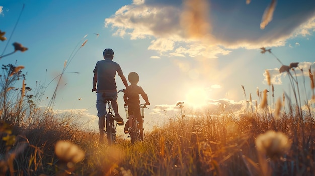 Happiness Father and son on the bicycle outdoors