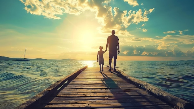 Happiness father and son on the pier on a sunny day under sunlight