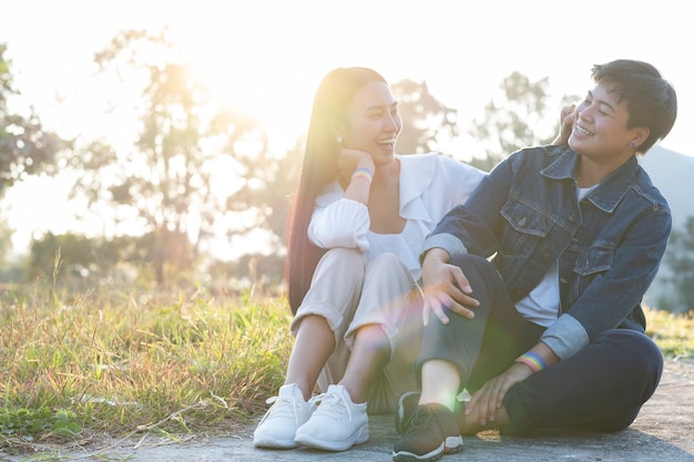 Happiness LGBT lesbian couple moments.