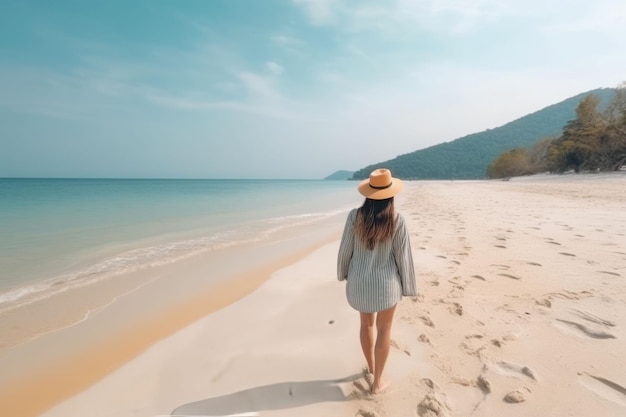 Happiness woman beach walk Latin vacation Generate Ai