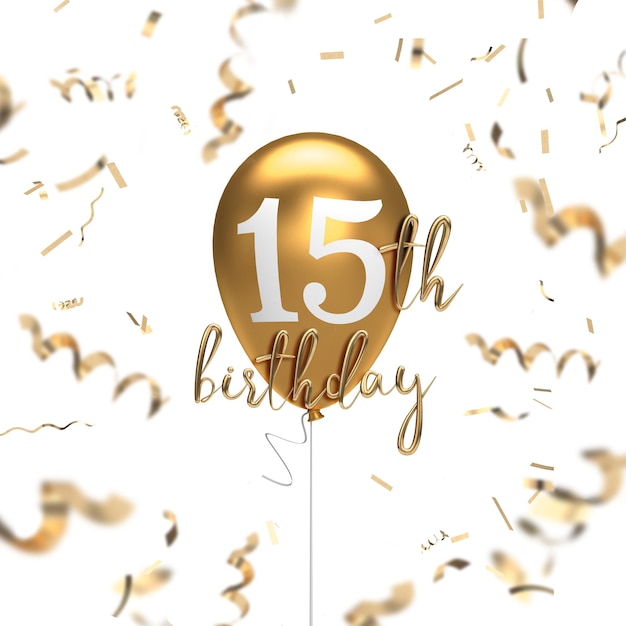 Happy 15th birthday gold balloon greeting background 3D Rendering