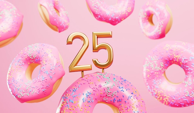 Happy 25th birthday celebration background with pink frosted donuts 3D Rendering