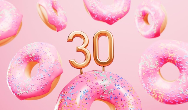 Happy 30th birthday celebration background with pink frosted donuts 3D Rendering