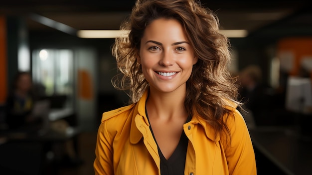 Happy 35 years old businesswoman who is smiling and laughing wearing bright clothes Office on backgr