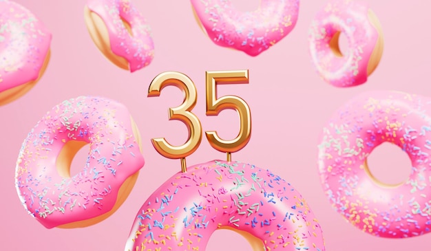 Happy 35th birthday celebration background with pink frosted donuts 3D Rendering