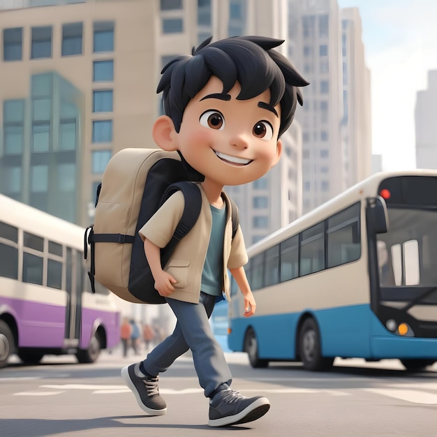 Happy 3d character traveler with a backpack at a bus station