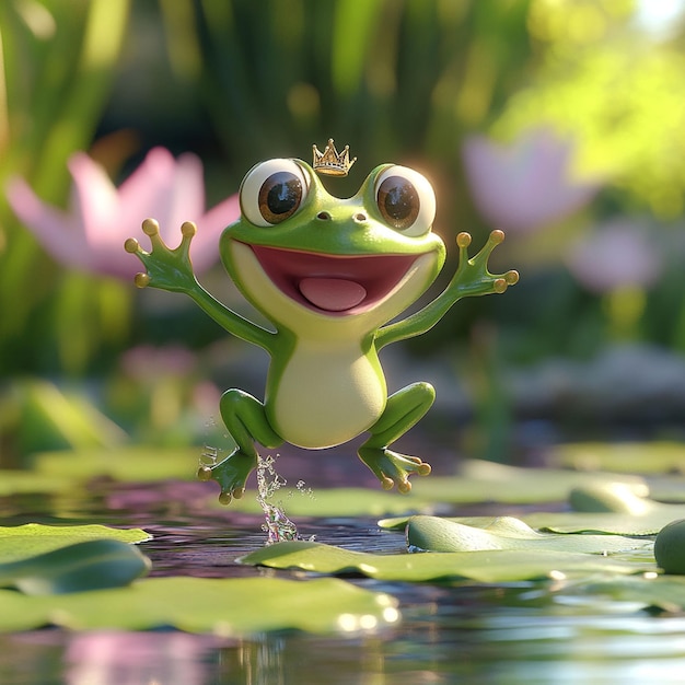 Photo a happy 3d frog character with big round eyes