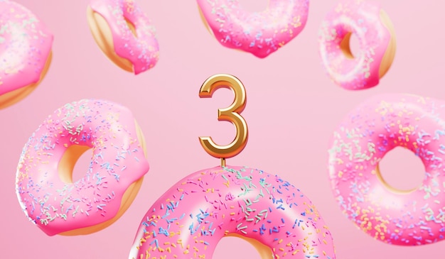 Happy 3rd birthday celebration background with pink frosted donuts 3D Rendering