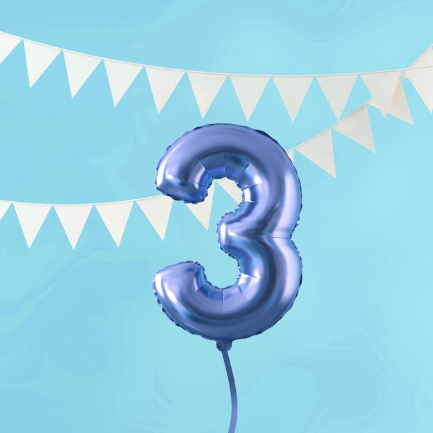 Photo happy 3rd birthday party celebration blue balloon and bunting 3d render