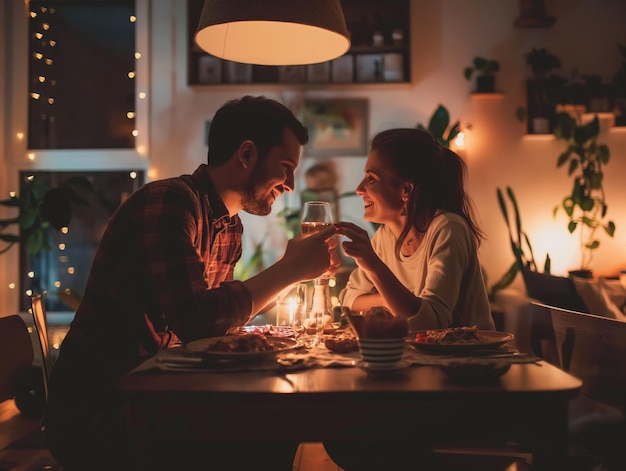 Happy 40s beautiful couple eating dinner together at home couple in love toasting while sitting close to each other