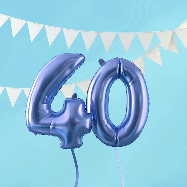 Happy 40th birthday party celebration blue balloon and bunting 3D Render