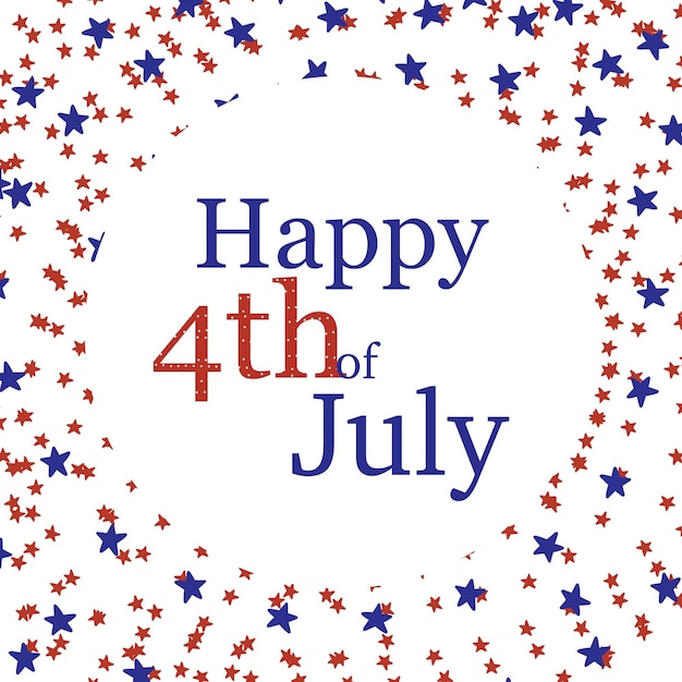 Happy 4th of July greeting card on round white background with stars