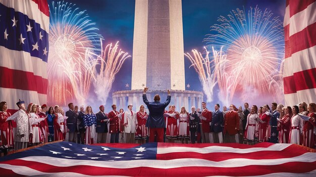 Photo happy 4th of july independence day usa banner template with firework and usa cityscape