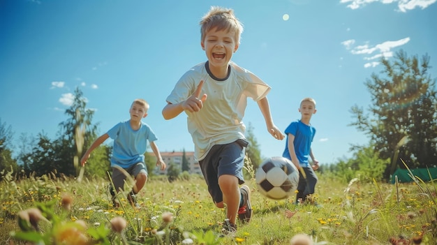 Happy 56 year old boys emotionally playing football on a sunny day in the field