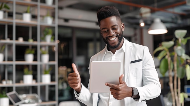 A happy account manager giving a thumbsup gesture while looking at a tablet