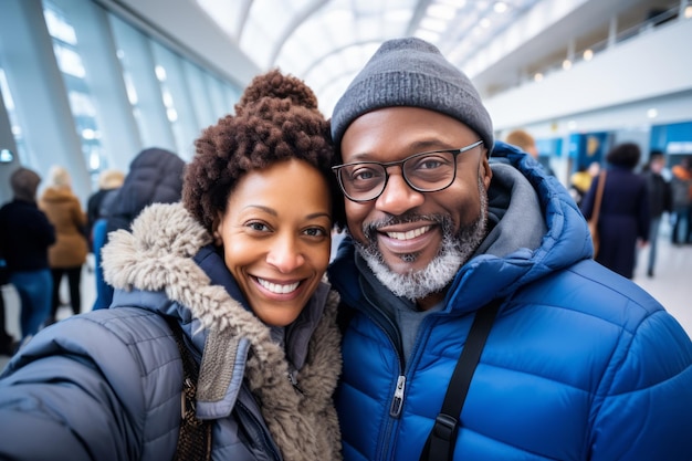 Happy adult African American tourist couple taking selfie in airport terminal Cheerful mature male and female travelers starting their journey Travel blog social network for travel shared recreation