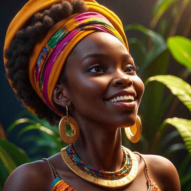 Photo happy africa woman in colorful outfit with bright beads generated by ai