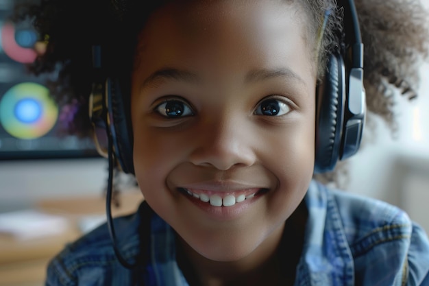 Happy African American child learning online with teacher via webcam