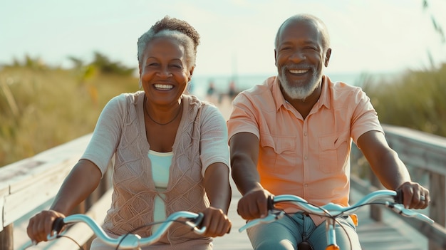 Happy African American Couple Riding Bikes on the Ocean Boardwalk Generative AI