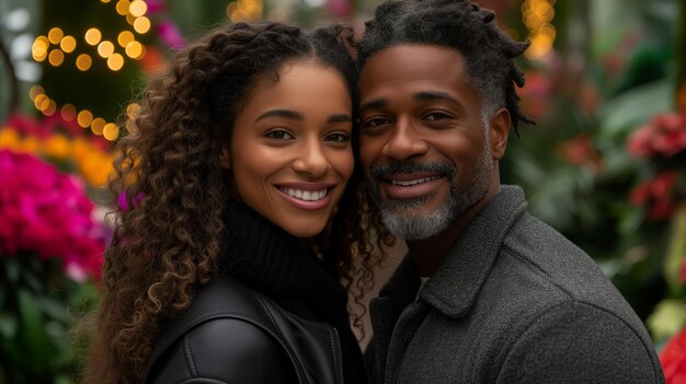 Happy african american couple smiling together in a floral park