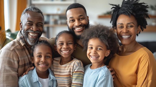 Happy African American family of five posing together at home smiling at the camera