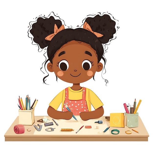 Photo happy african american girl drawing on a table surrounded by art supplies