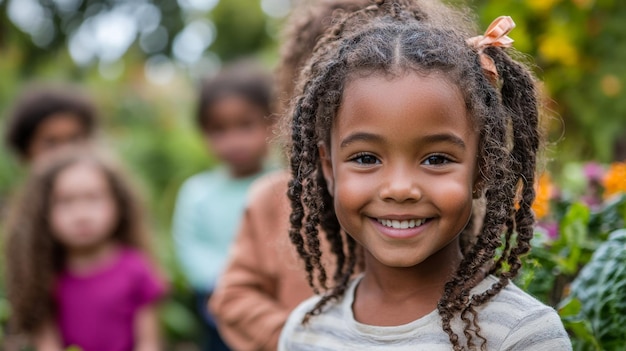 A happy African American girl with braids and a bow in her hair smiles brightly for the camera