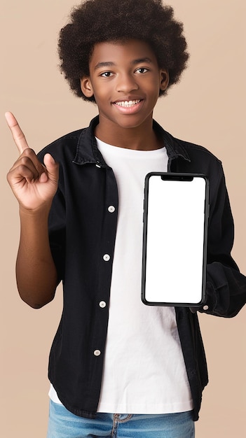 happy african american teen student holding mobile