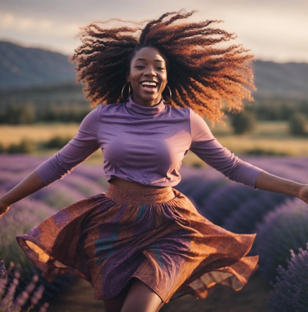 Happy African American woman in lavender field