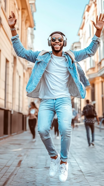 A happy African Black man with headphones dancing and enjoying music outside on a sunny day