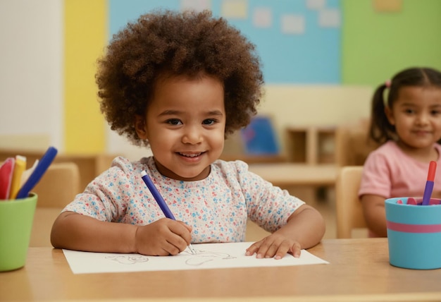 A happy african kid is drawing in nursery class